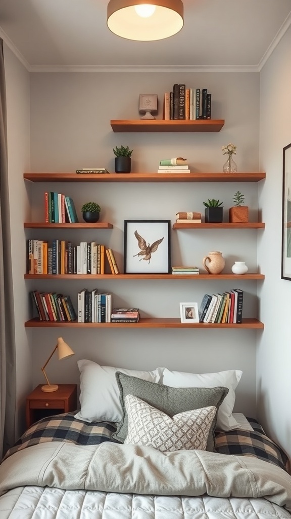 Wall-mounted shelves with books and decorative items in a small bedroom