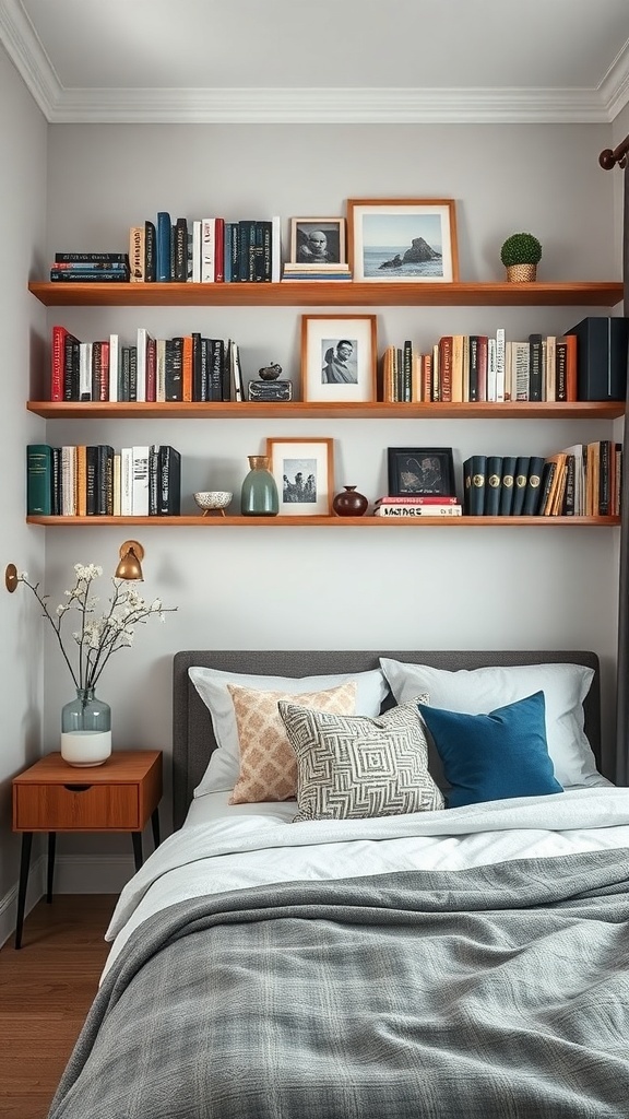 A cozy small bedroom featuring wall-mounted shelves filled with books and decorative items.