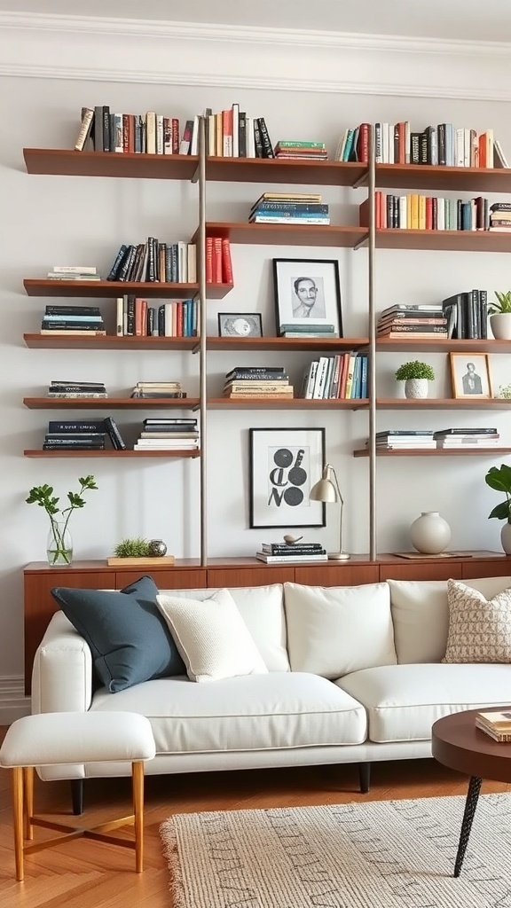 A modern living room featuring wall-mounted shelves filled with books and decorative items.