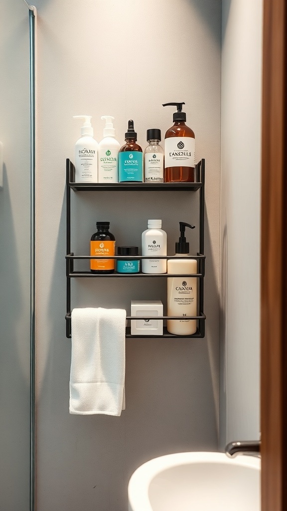 A modern bathroom with a wall-mounted black shelving unit displaying various toiletry items.