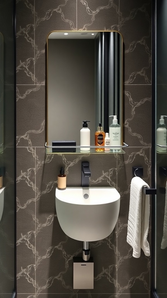 A small bathroom featuring a wall-mounted woven basket holding rolled towels next to a toilet.