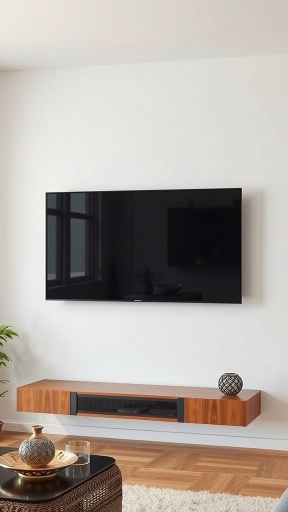 A minimalist living room featuring a wall-mounted TV above a black media console with decorative items.
