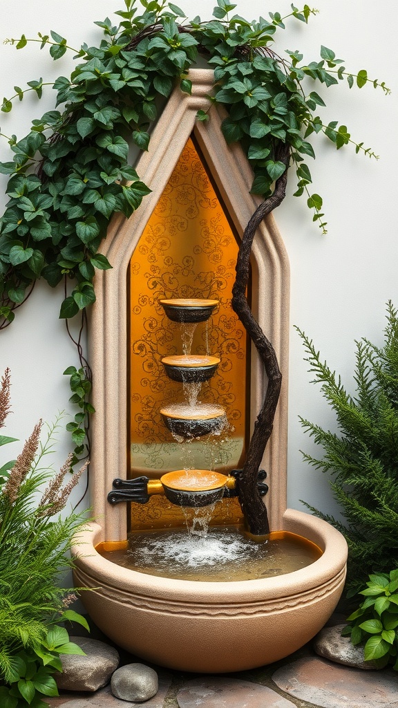 A wall-mounted water feature with cascading tiers, surrounded by greenery.