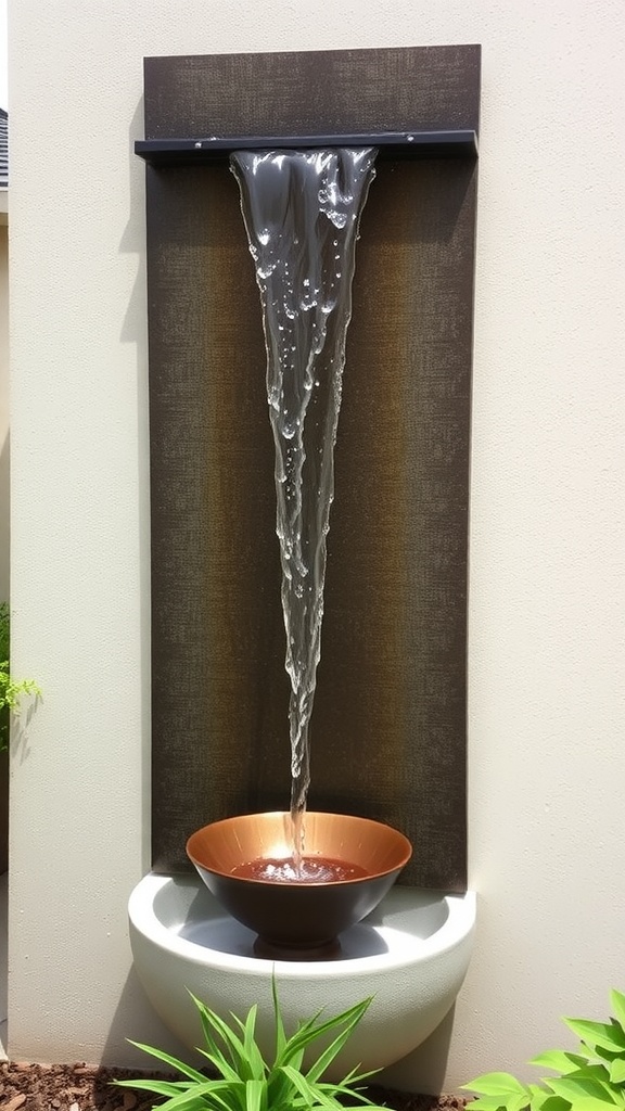 A stylish wall-mounted waterfall with smooth stones and plants, creating a calming indoor water feature.