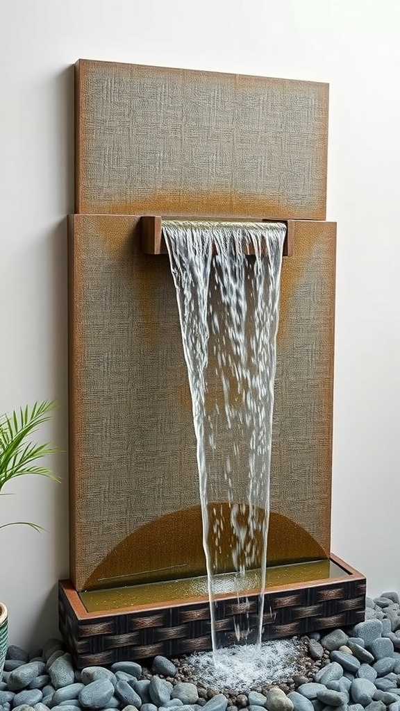 A wall-mounted waterfall feature with a textured backdrop, warm lighting, and decorative stones at the base.