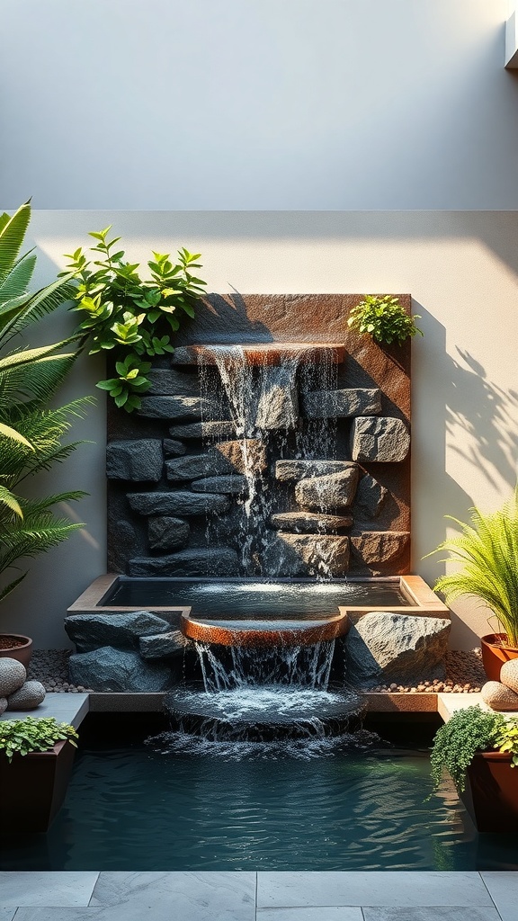 A wall-mounted waterfall with cascading water over stones, surrounded by green plants.