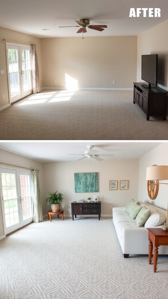 Before and after image of a living room with new carpet flooring.