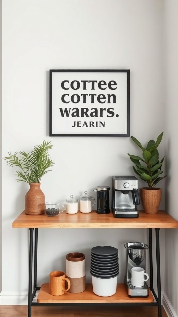 A coffee station with wall art featuring playful text, surrounded by plants and coffee accessories.