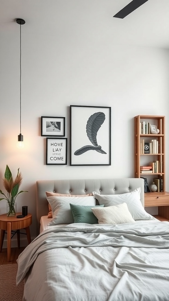 A cozy bedroom with a wall art and bookshelf combo, featuring a stylish bed, framed art, and decorative plants.