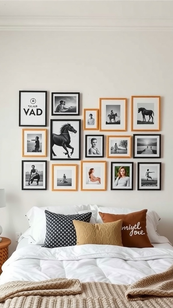 A stylish gallery wall featuring black and white framed photos above a bed with decorative pillows.