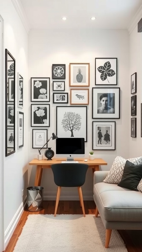 A cozy small workspace featuring a gallery wall of black and white framed art.