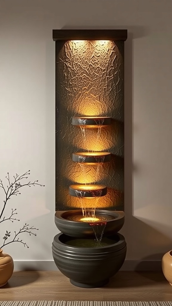 A modern wall art fountain with multiple tiers, illuminated by soft lights, creating a serene atmosphere.