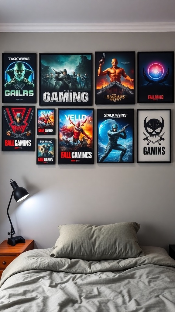 A wall decorated with gaming-themed posters above a bed, featuring a lamp on a bedside table.