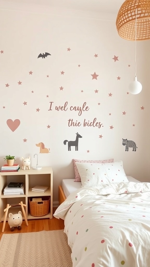 A playful bedroom wall decorated with animal decals, stars, and a phrase.