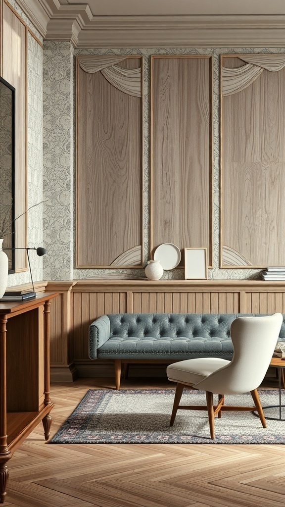 Ein stilvoll eingerichteter Raum mit Holzvertäfelung und eleganter Tapete.