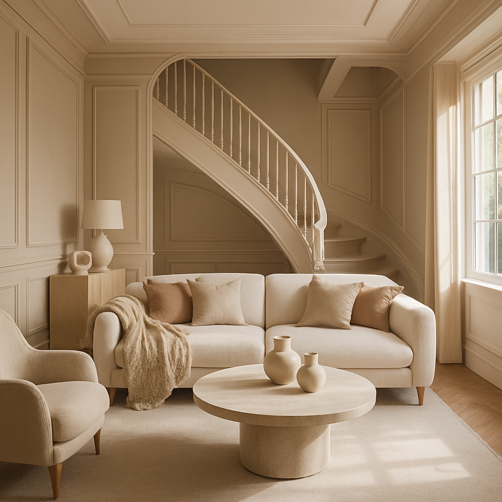 Modernes Wohnzimmer mit eleganten Wand- und Deckenverkleidungen, geschwungener Treppe und stilvollen Möbeln.