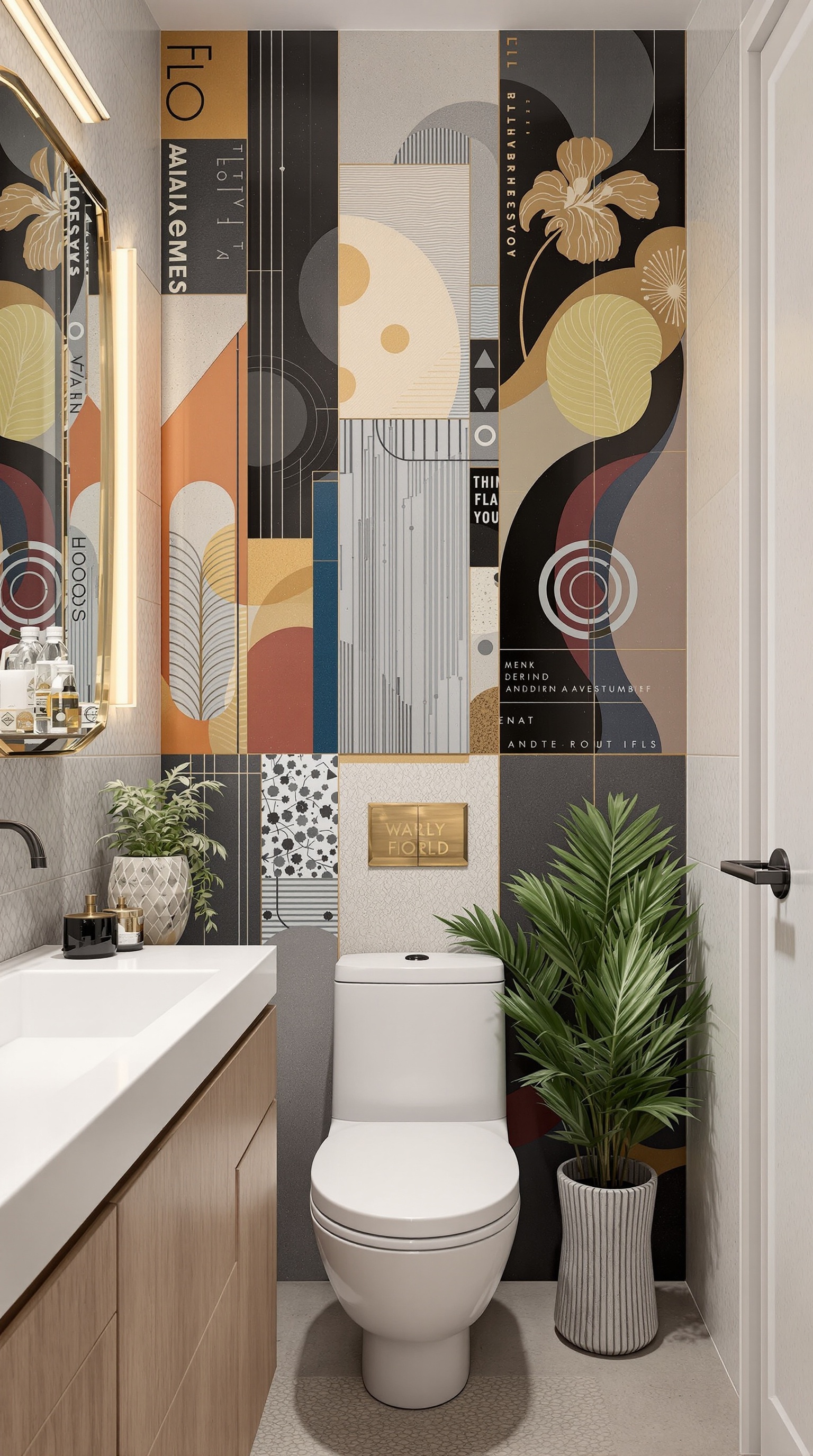 Modernes Zen-Badezimmer mit Meerblick und künstlerischen Wandfliesen