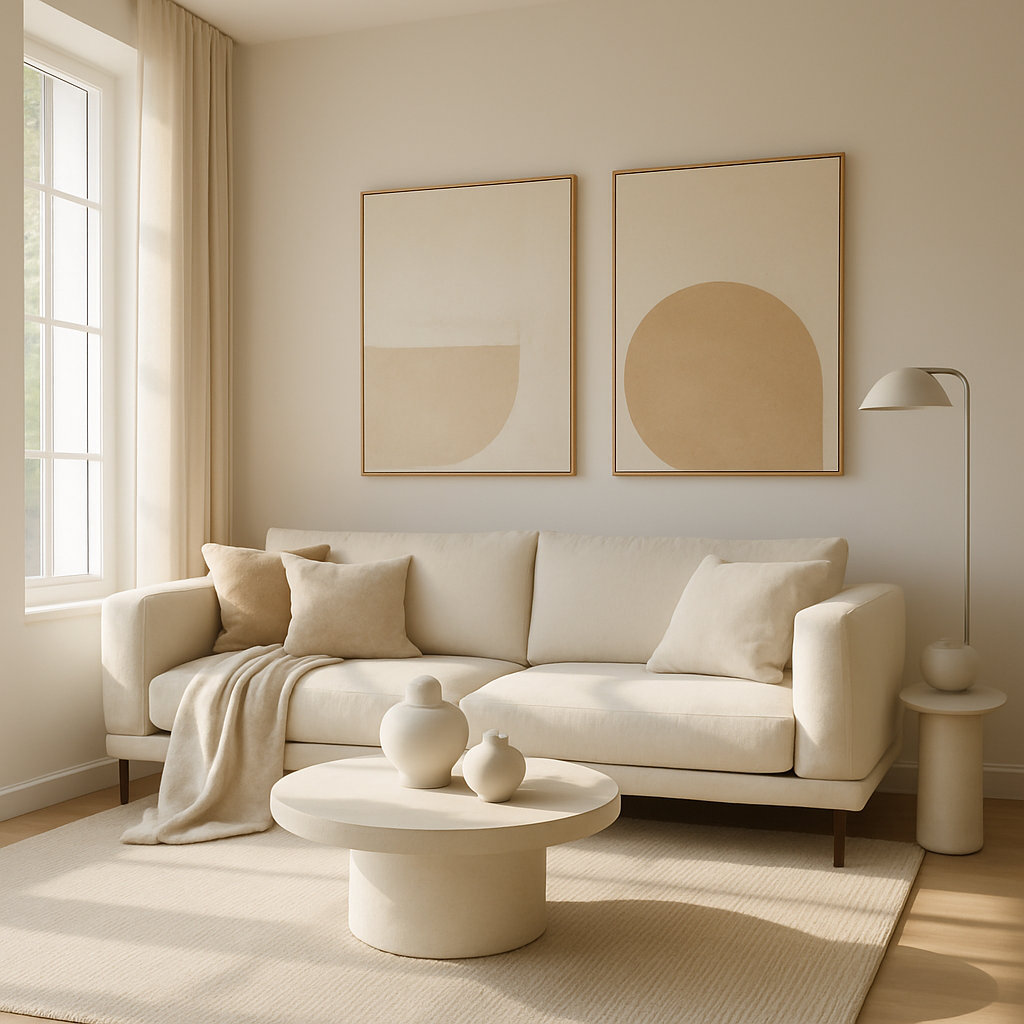 Minimalistisches Wohnzimmer mit geometrischer Wandkunst und hellem Sofa