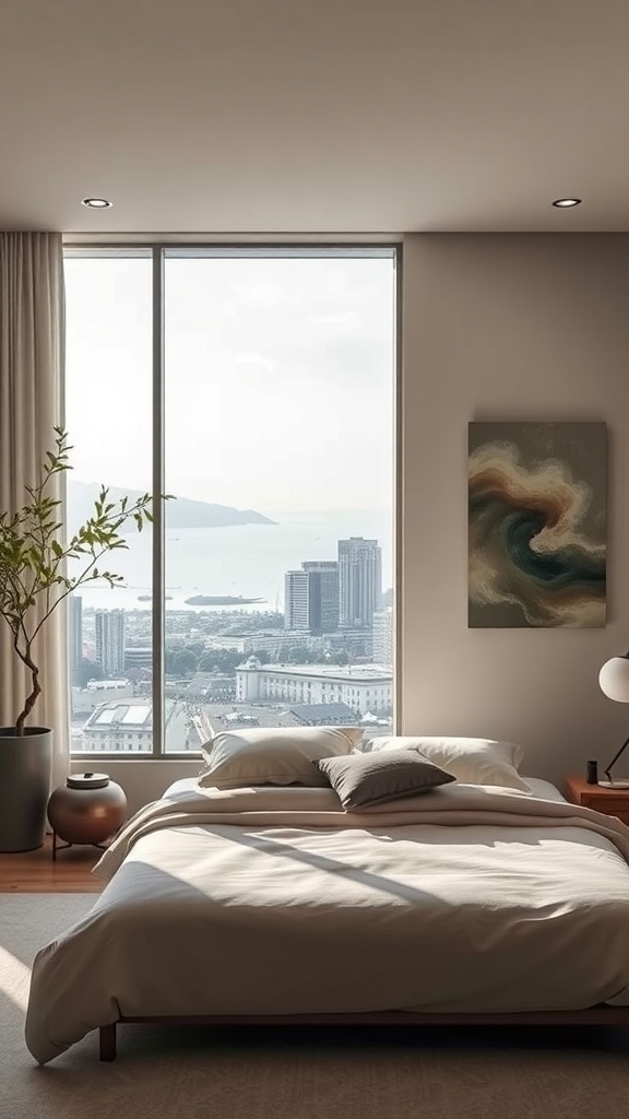 Ein modernes Schlafzimmer mit großen Fenstern, einem gemütlichen Bett und beruhigender Wandkunst.