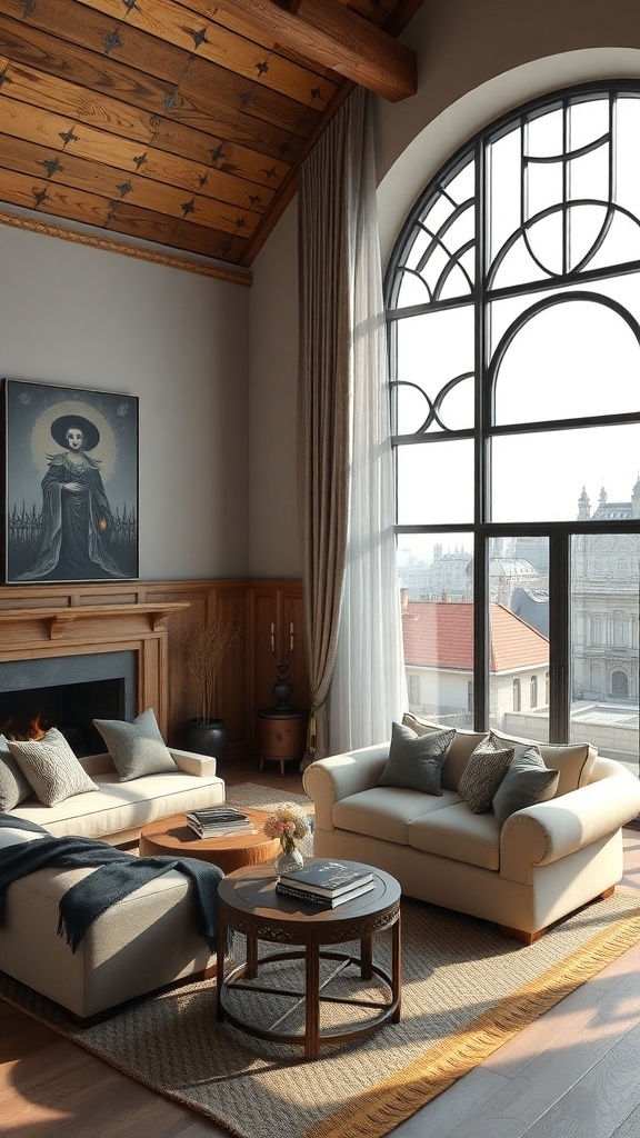 Ein Wohnzimmer mit gotischer Wandkunst, modernen Möbeln und einem großen Fenster
