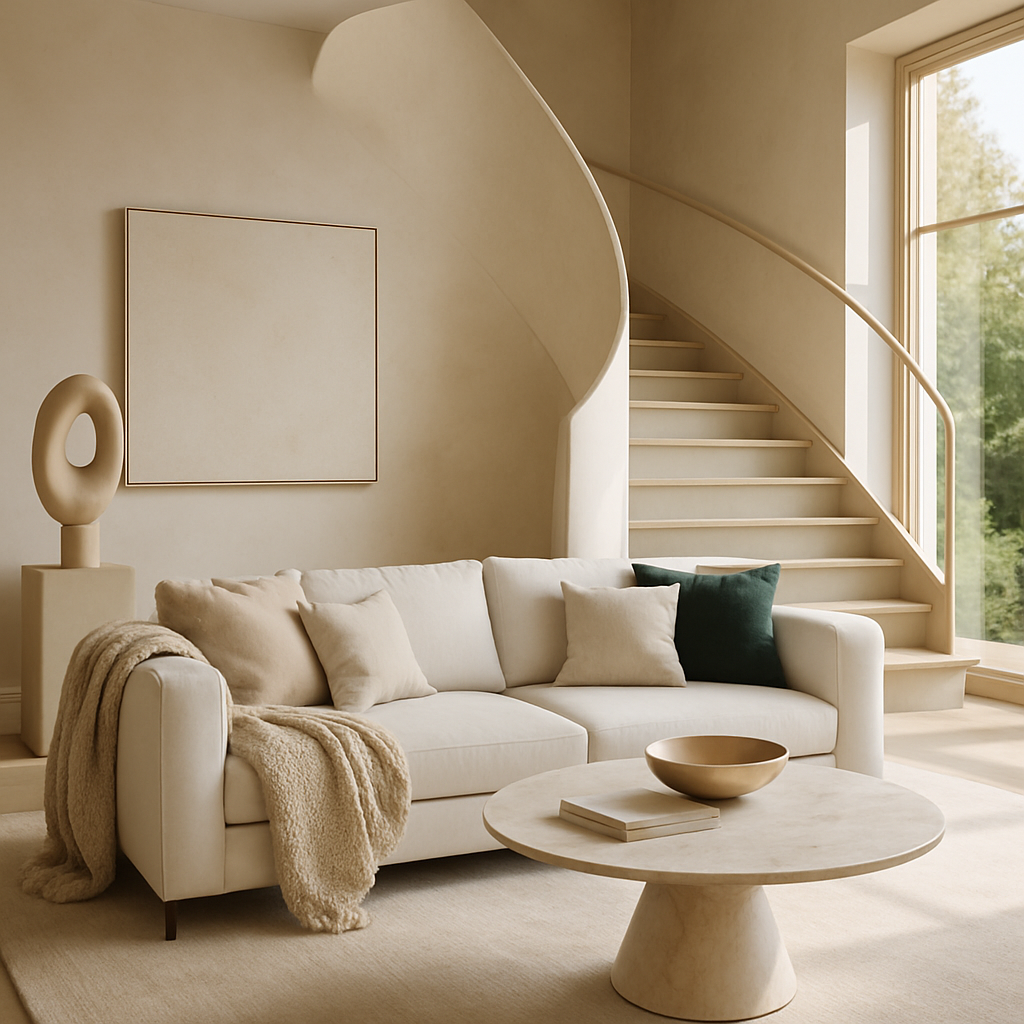 Ein stilvolles Wohnzimmer mit neutralen Farben, einem modernen Sofa, einer Skulptur und einer leeren Wand für Kunst.