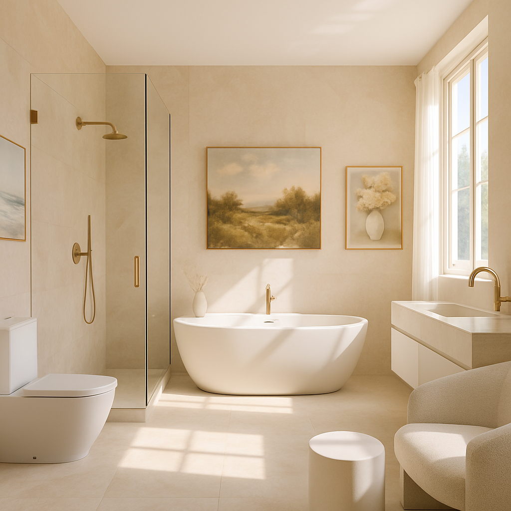 Modernes Badezimmer mit Kunstwerken an der Wand und sanften Farben