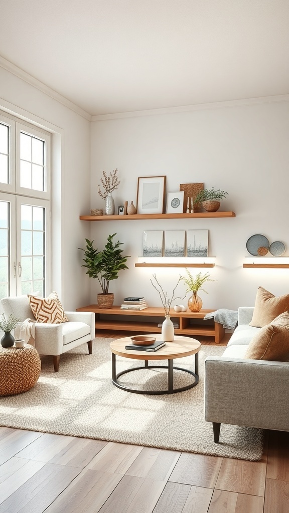 Ein modernes Wohnzimmer im Bauernhausstil mit Wandregalen, Pflanzen und gemütlicher Einrichtung.