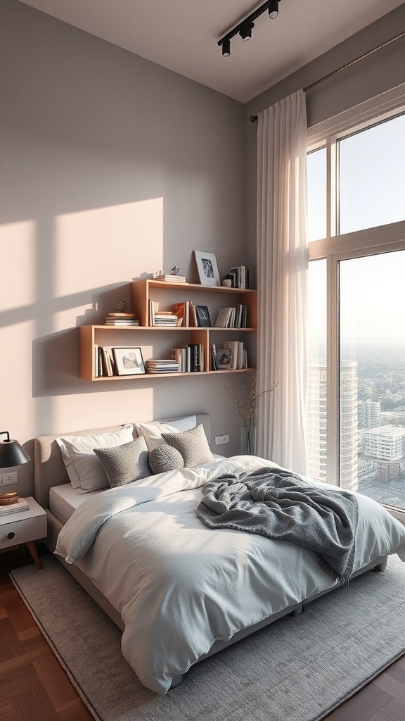 Modernes Schlafzimmer mit Wandregalen und einem großen Fenster