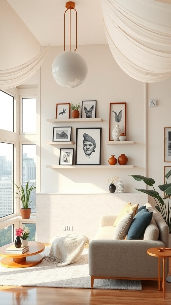 Ein modernes Wohnzimmer mit Wandregalen, die Kunstwerke und Pflanzen zeigen.