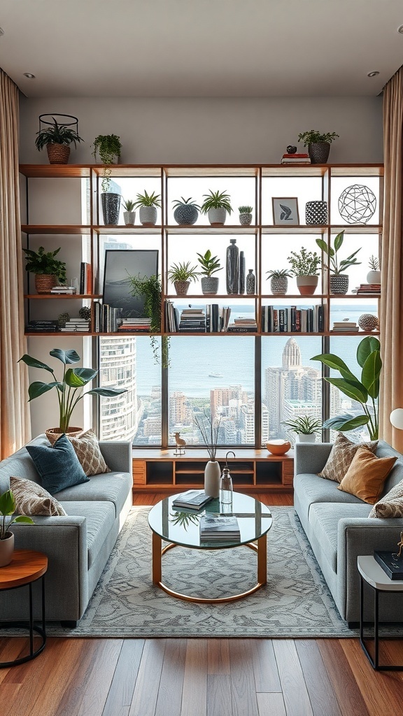 Ein stilvolles Wohnzimmer mit modernen Wandregalen, Pflanzen und einer schönen Aussicht.