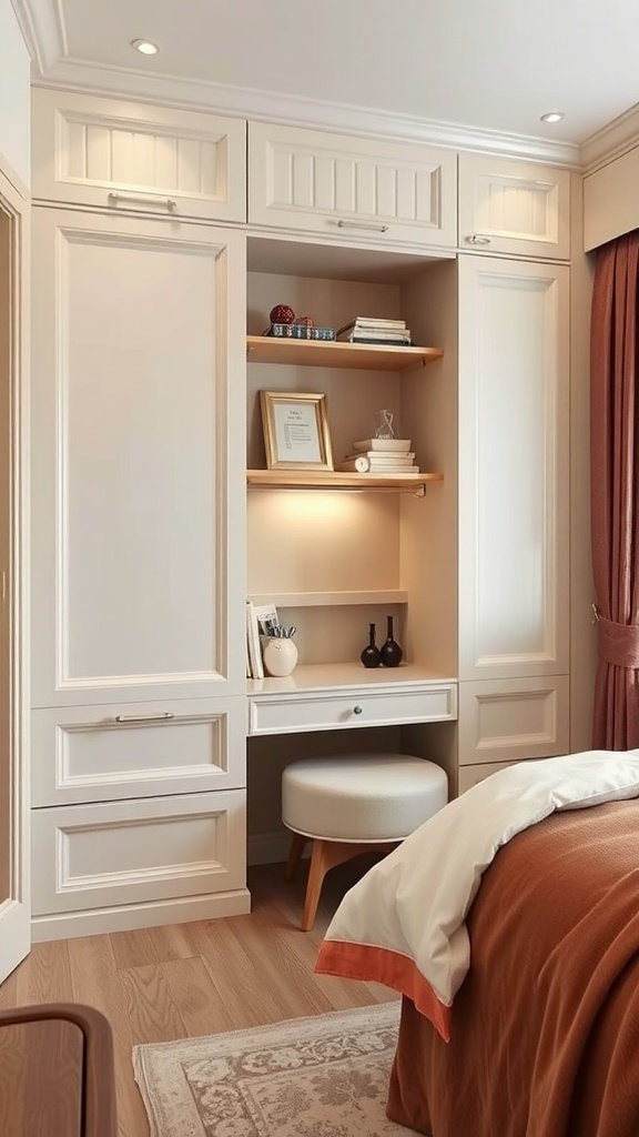 A small bedroom featuring a wardrobe with an integrated desk, showcasing a modern design with storage and workspace.