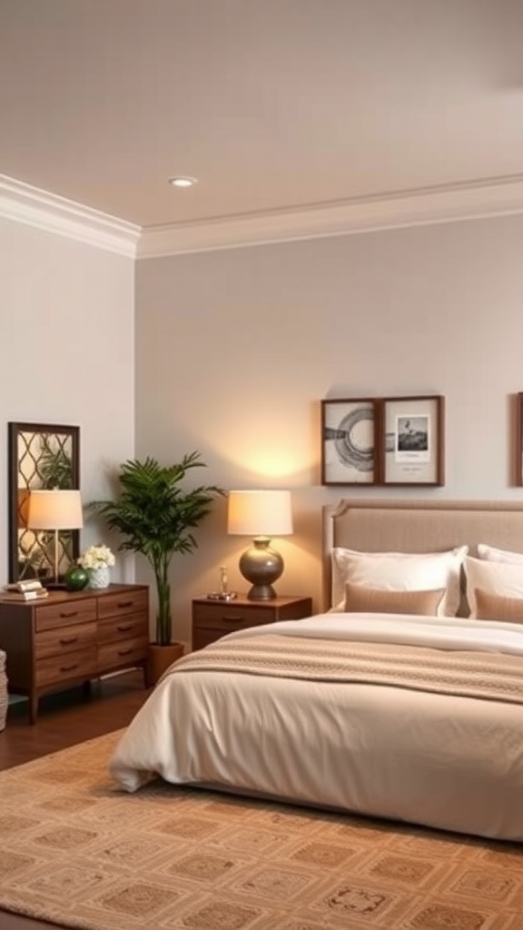 A cozy bedroom with warm ambient lighting, featuring a bed with soft linens, stylish lamps, and a potted plant.