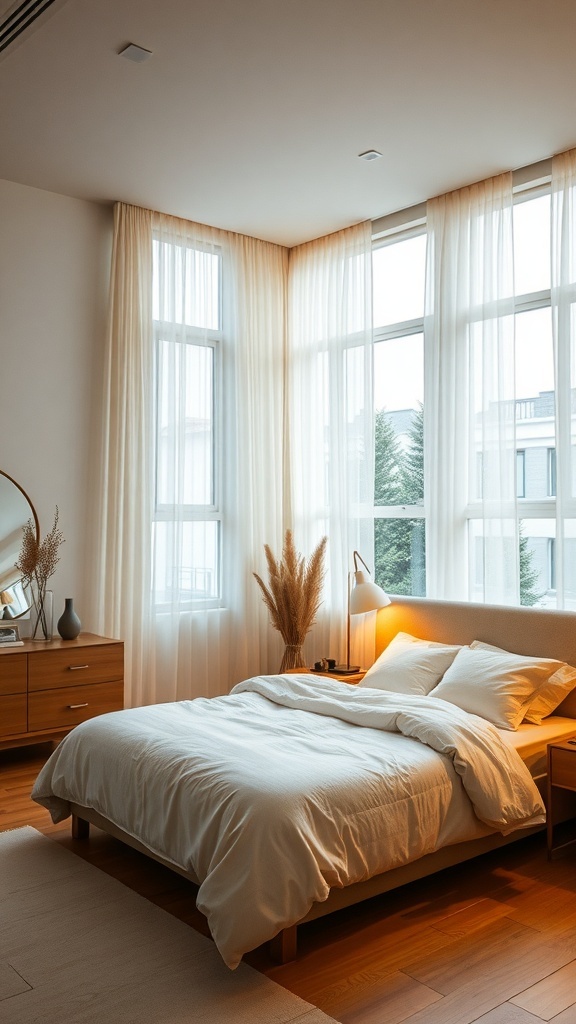 A cozy bedroom with warm ambient lighting, featuring large windows, soft bedding, and natural decor.