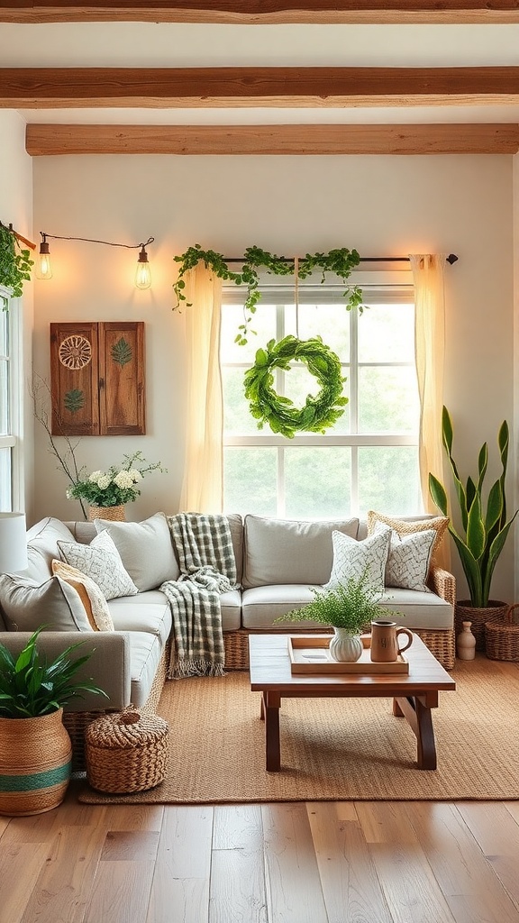 Cozy modern farmhouse living room with soft textiles and natural elements.