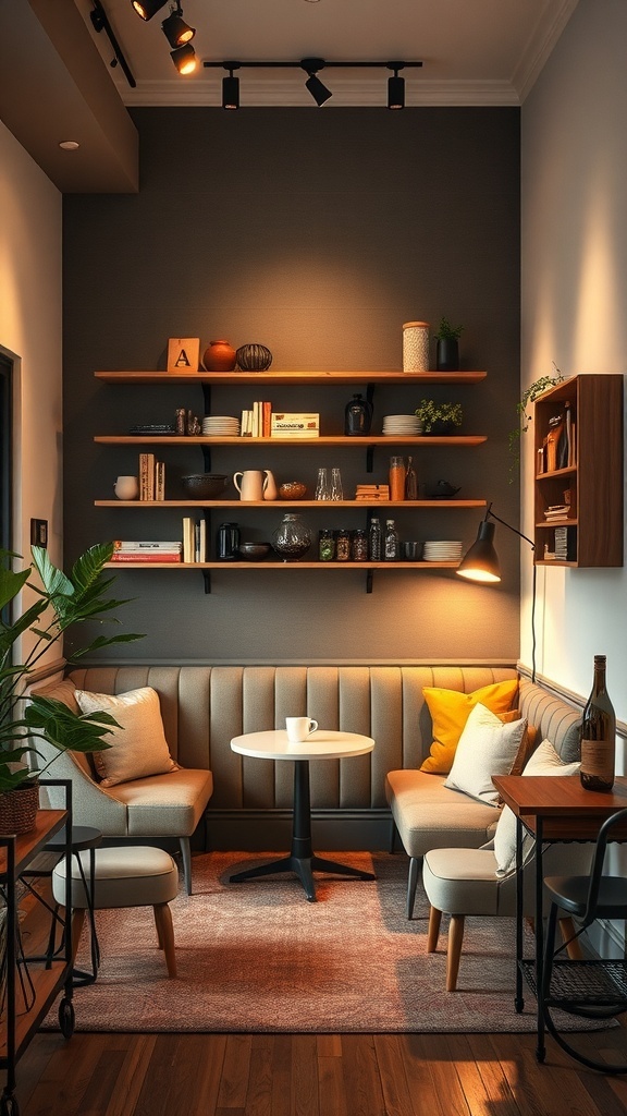 A cozy coffee bar with plush seating, a small round table, and shelves displaying coffee essentials and decorative items.