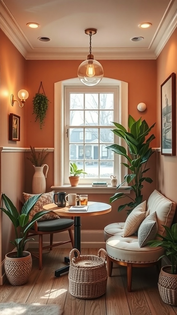 Cozy coffee nook with terracotta walls, plants, and comfortable seating