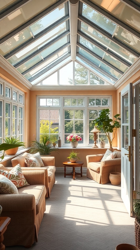 A bright and cozy conservatory with beige sofas, colorful cushions, and plenty of plants.