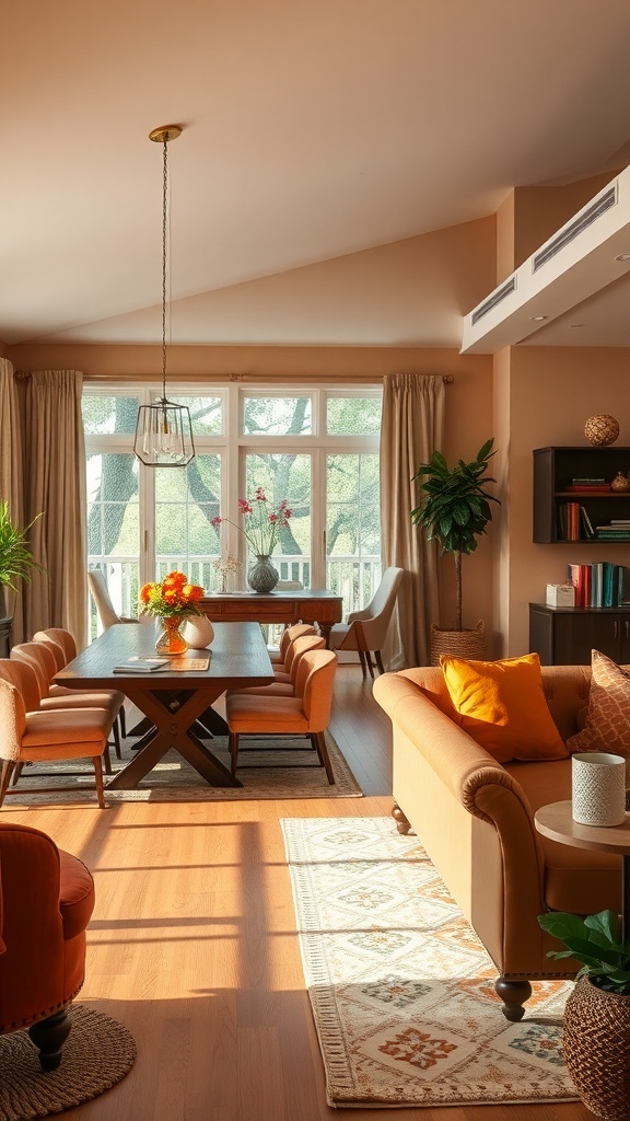 A warm and inviting open concept living and dining room with peach walls, wooden flooring, and cozy furniture.