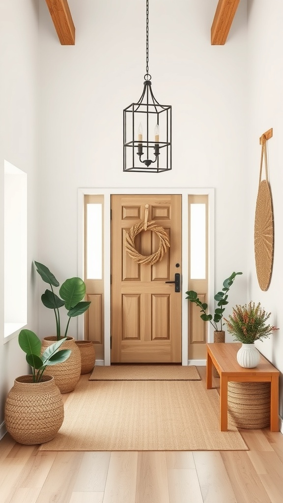 A warm and inviting entryway featuring a wooden door, hanging light, and potted plants.
