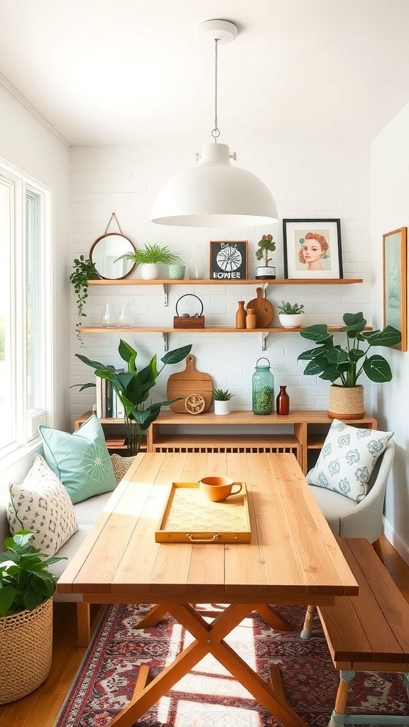 A warm and inviting family coffee nook with natural light, plants, and a wooden table.