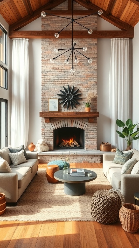 Cozy living room with a fireplace, wooden beams, and modern decor