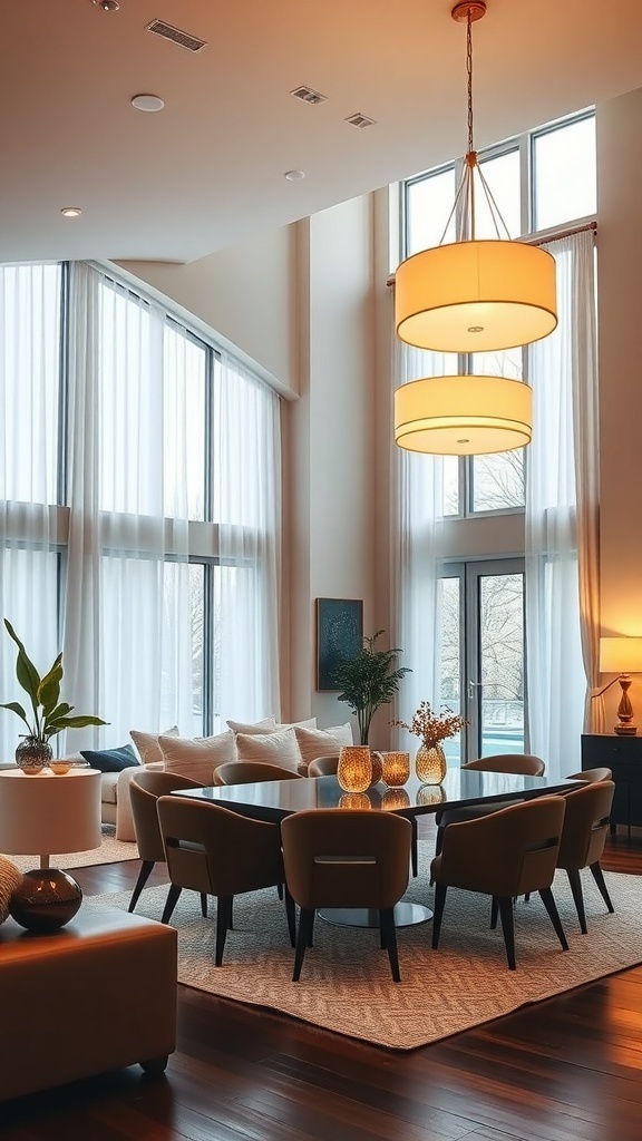 A warm and inviting open concept living and dining room with large windows and soft lighting.