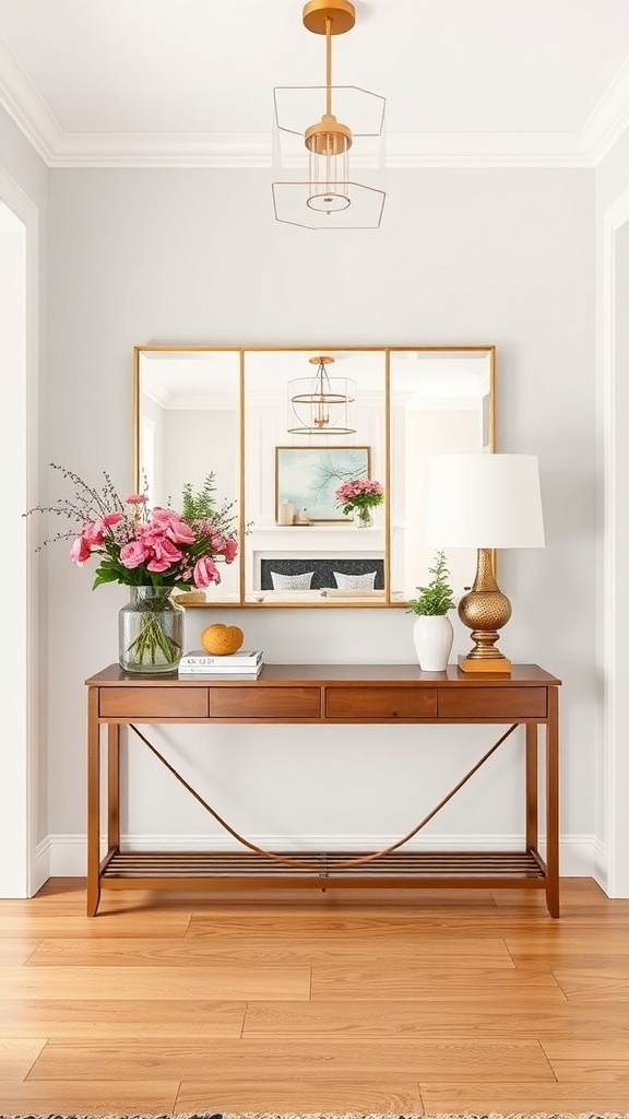 A warm and welcoming entryway featuring a wooden console table, colorful flowers, a mirror, and modern lighting.