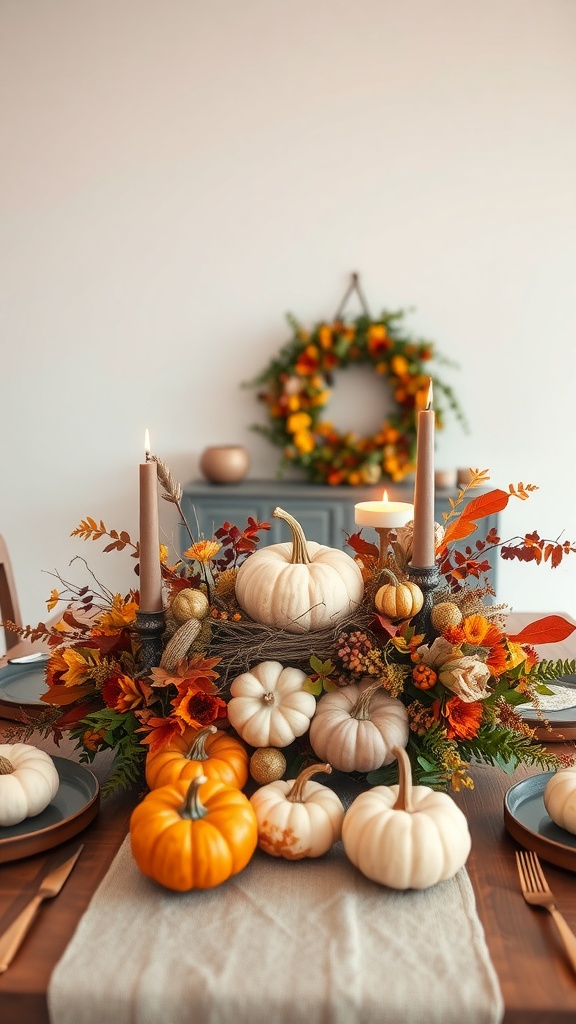 A beautiful autumn centerpiece featuring pumpkins, candles, and colorful foliage.