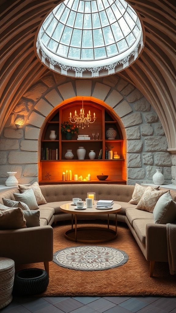 Cozy sunken lounge with a warm beverage station, featuring a circular sofa, coffee table with cups, and soft lighting.