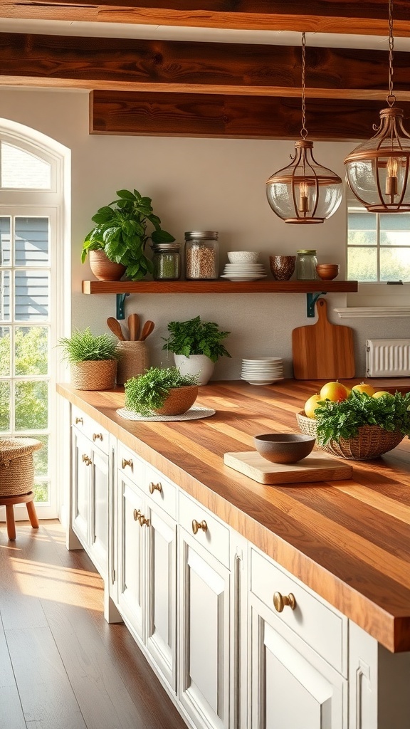 A kitchen featuring warm butcher block countertops, white cabinetry, and fresh herbs, creating a cozy cooking space.