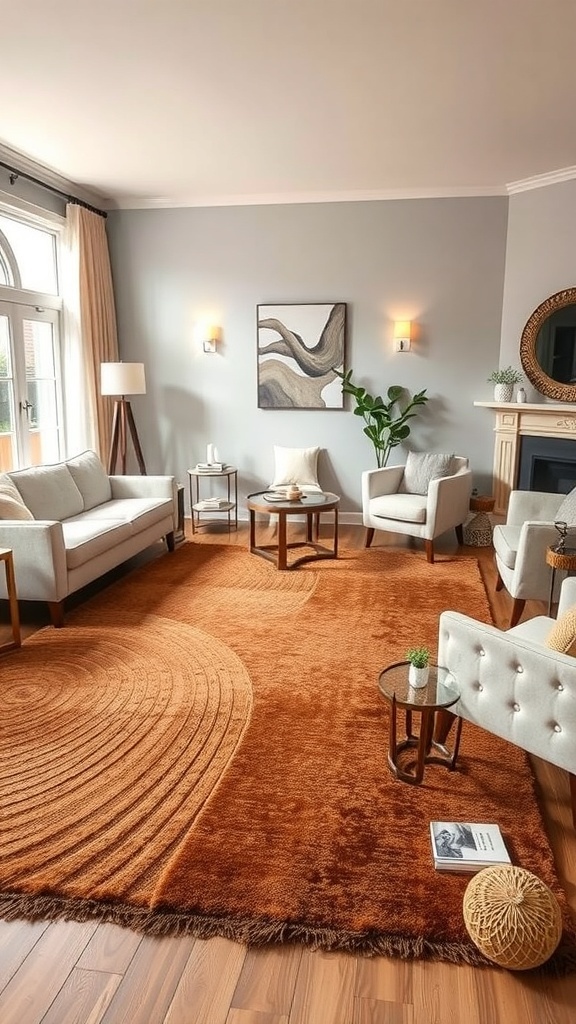 A cozy living room with a chocolate brown area rug, light furniture, and wooden flooring.