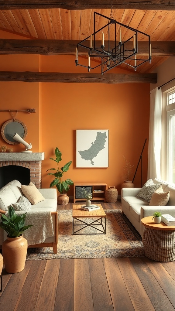 A cozy living room with warm orange walls, wooden beams, and inviting furniture.