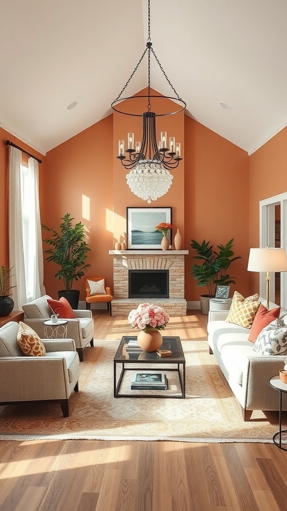 Cozy living room with warm terracotta walls, gray sofas, and a chandelier.