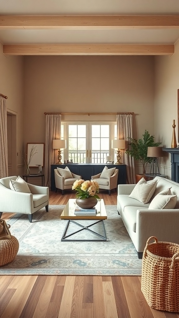 A cozy living room with warm color palettes, featuring light beige walls, wooden beams, and comfortable furniture.